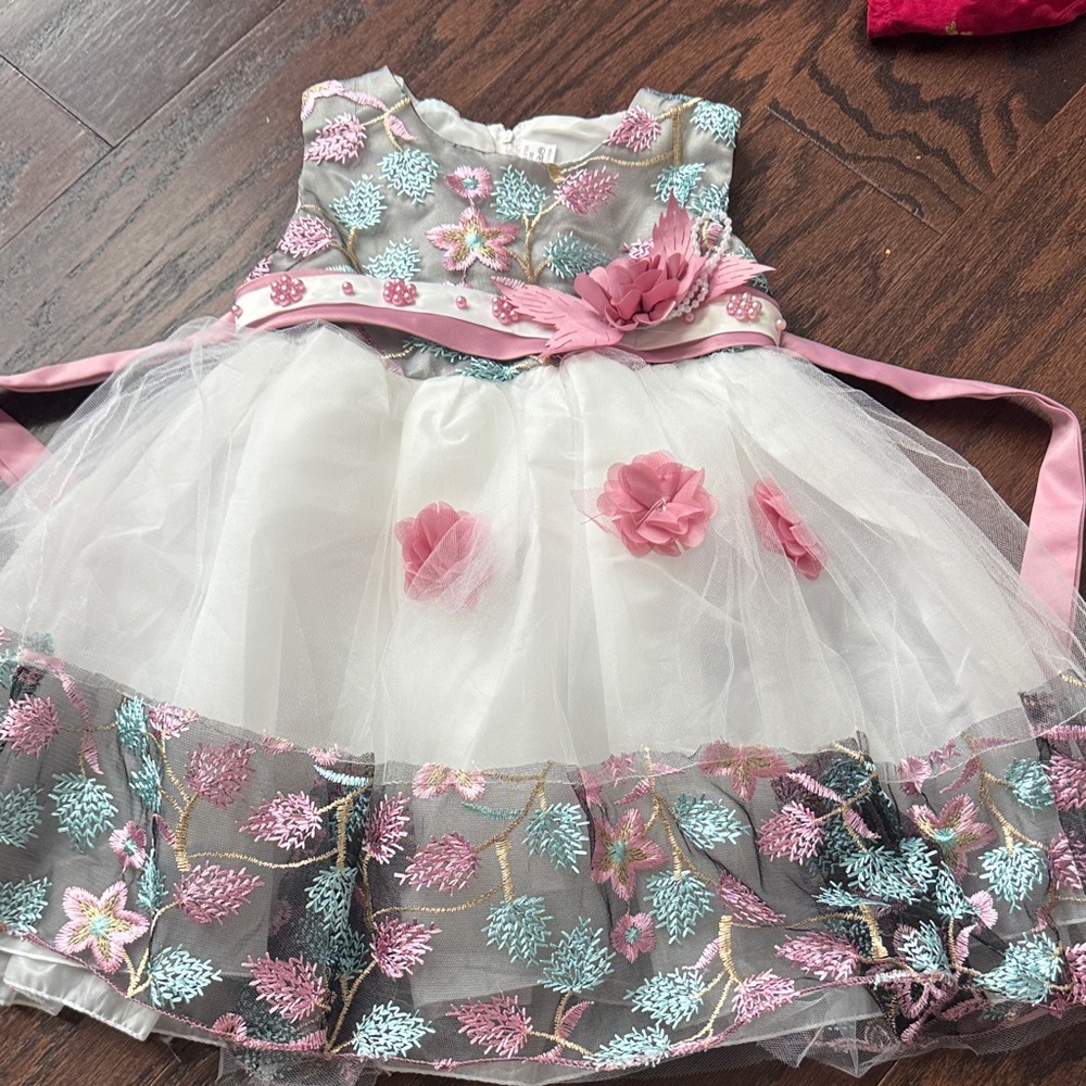 Embroidered Floral Tulle Dress with Pink Sash Flower